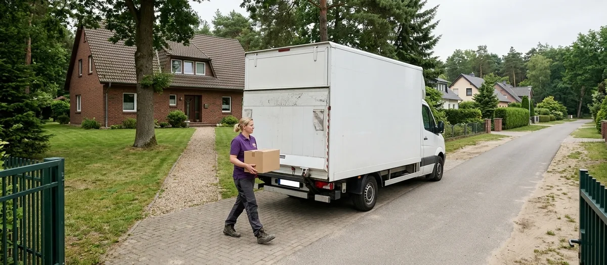 Eine Umzugshelferin trägt einen Umzugskarton über die gepflasterte Zufahrt eines Klinker-Einfamilienhauses zum seitlich stehenden weißen Kofferwagen, auf dem Grundstück alte Laubbäume