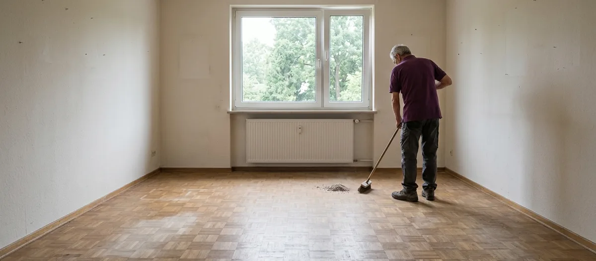 Ein Mitarbeiter kehrt den letzten Staub in einem vollständig leergeräumten Zimmer mit Parkettboden zusammen