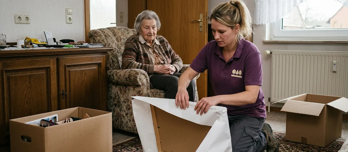 Eine Umzugshelferin kniet vor einer Anrichte und schlägt einen Bilderrahmen in Packpapier ein, während eine ältere Dame im Sessel daneben zusieht