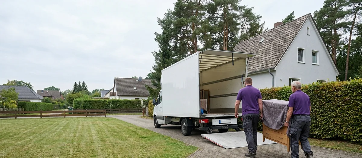 Zwei Umzugskräfte tragen eine in eine Decke gewickelte Kommode über die gepflasterte Zufahrt zur abgesenkten Ladebordwand des weißen Kofferwagens, dahinter ein zweigeschossiges Wohnhaus mit Buchenhecke und alten Kiefern