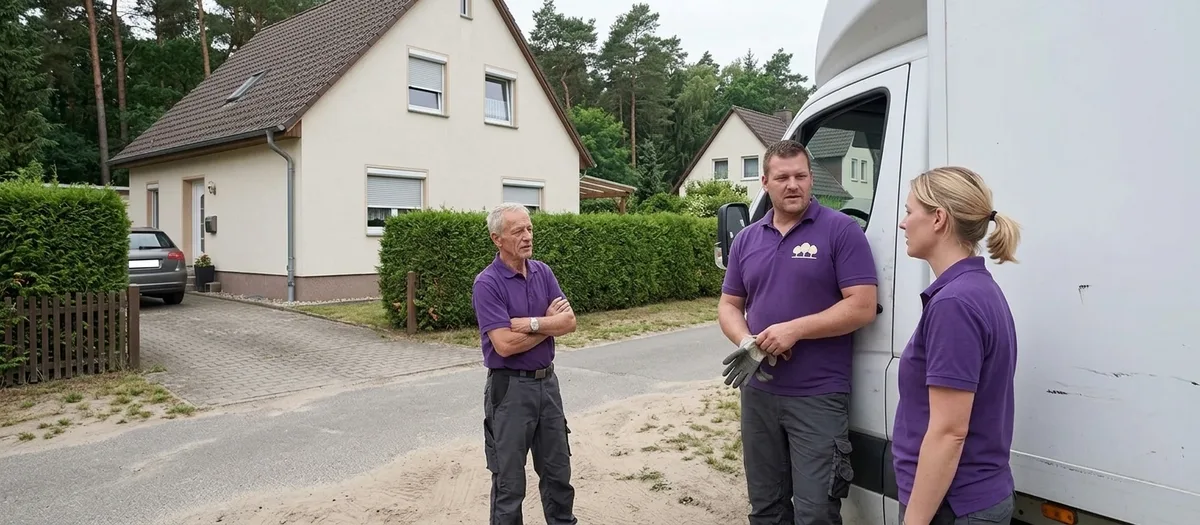 Die drei Umzugskräfte stehen im Gespräch auf dem Sandstreifen vor dem weißen Kofferwagen, dahinter ein Wohnhaus und alte Kiefern