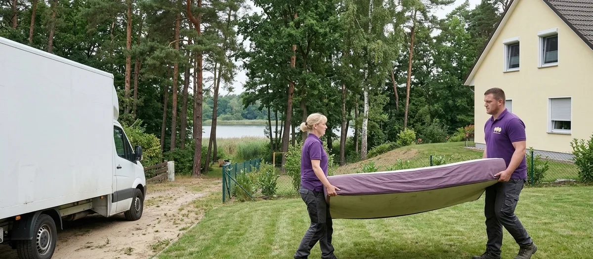 Zwei Umzugskräfte tragen eine Matratze über den Rasen eines Grundstücks am Waldhang, zwischen den Kiefernstämmen ist die Wasserfläche eines Sees zu sehen