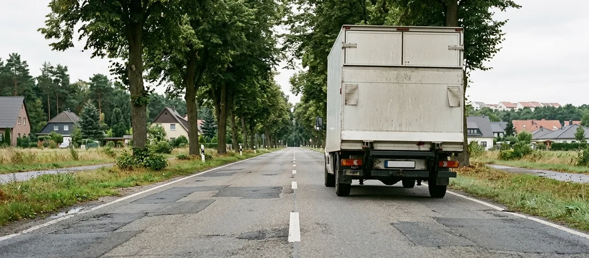 Der Kofferaufbau des weißen Umzugswagens von hinten zwischen den Kronen einer Lindenallee an einer Landstraße