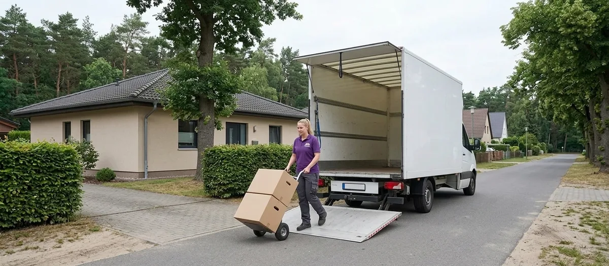 Eine Umzugshelferin schiebt eine Sackkarre mit zwei Umzugskartons auf die Ladebordwand des weißen Kofferwagens, dahinter ein Bungalow hinter geschnittener Hecke