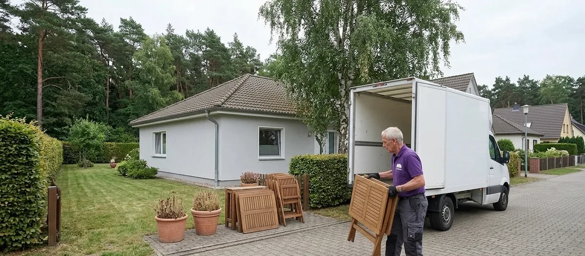 Ein Mitarbeiter hebt einen zusammengeklappten Gartentisch in die Seitentür des weißen Kofferwagens, daneben stehen Stapelstühle und Tontöpfe vor einem eingeschossigen Haus