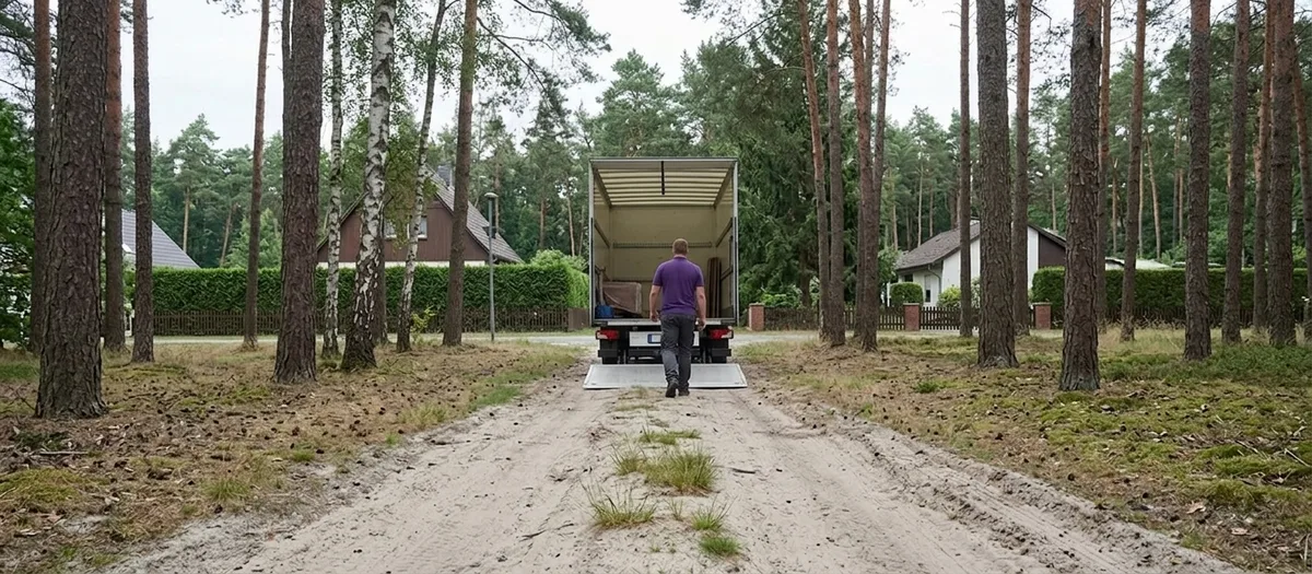 Der weiße Kofferwagen steht mit ausgelegten Auffahrschienen auf einem Sandweg im Kiefernwald, ein Mitarbeiter geht darauf zu
