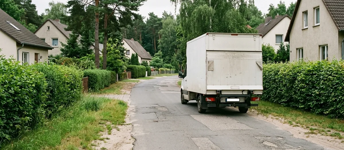 Ein weißer Kastenwagen fährt eine schmale Anliegerstraße zwischen geschnittenen Hecken, Birken und Kiefern hinunter, links und rechts stehen Einfamilienhäuser hinter Zäunen