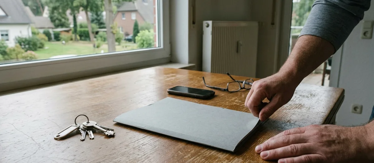 Schlüsselbund, unbeschriftete Mappe, Lesebrille und ein Mobiltelefon liegen auf einem Holztisch am Fenster, zwei Hände richten die Mappe